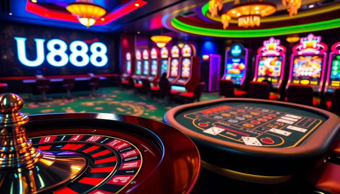 Experience the thrilling atmosphere of U888 casino with vibrant roulette and engaging slot machines.