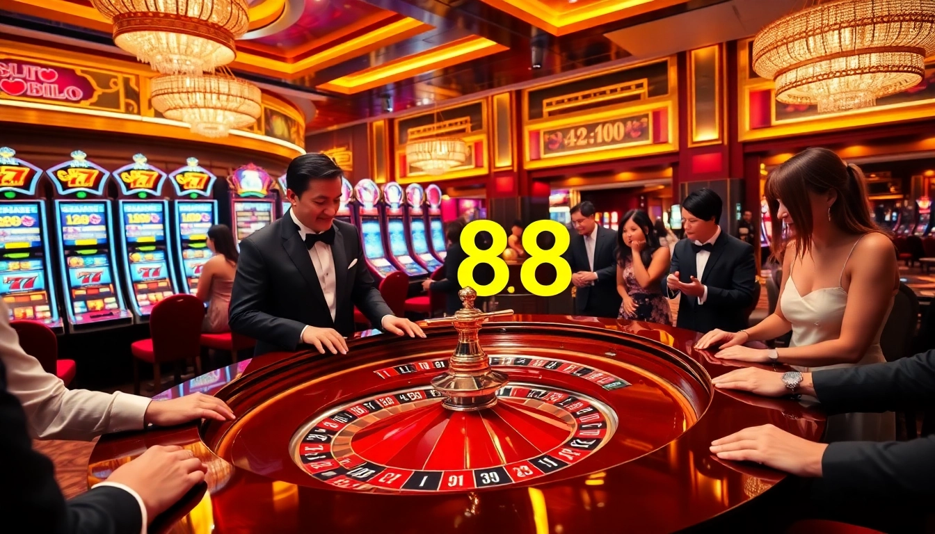 Exciting casino scene showcasing Go88vn with roulette table, players betting chips, and vibrant slot machines.