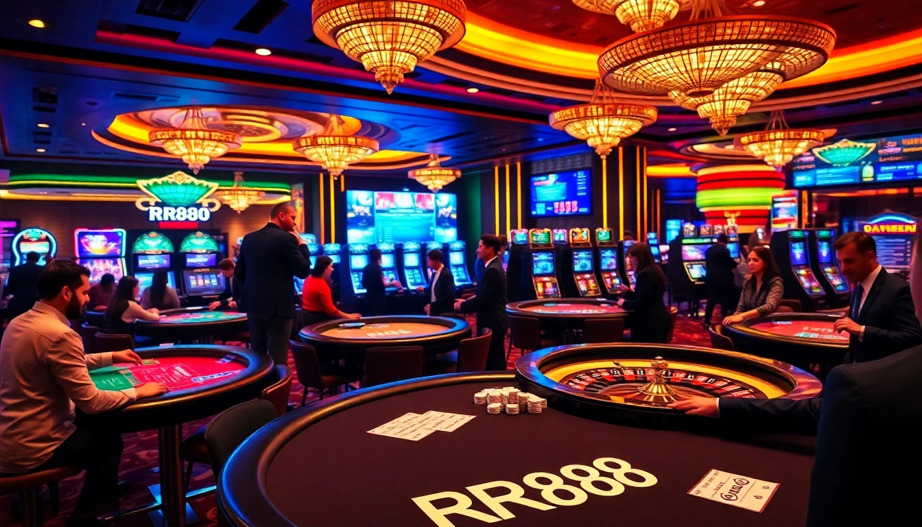 Players enjoying thrilling games at RR88 casino, featuring poker, roulette, and vibrant slot machines.