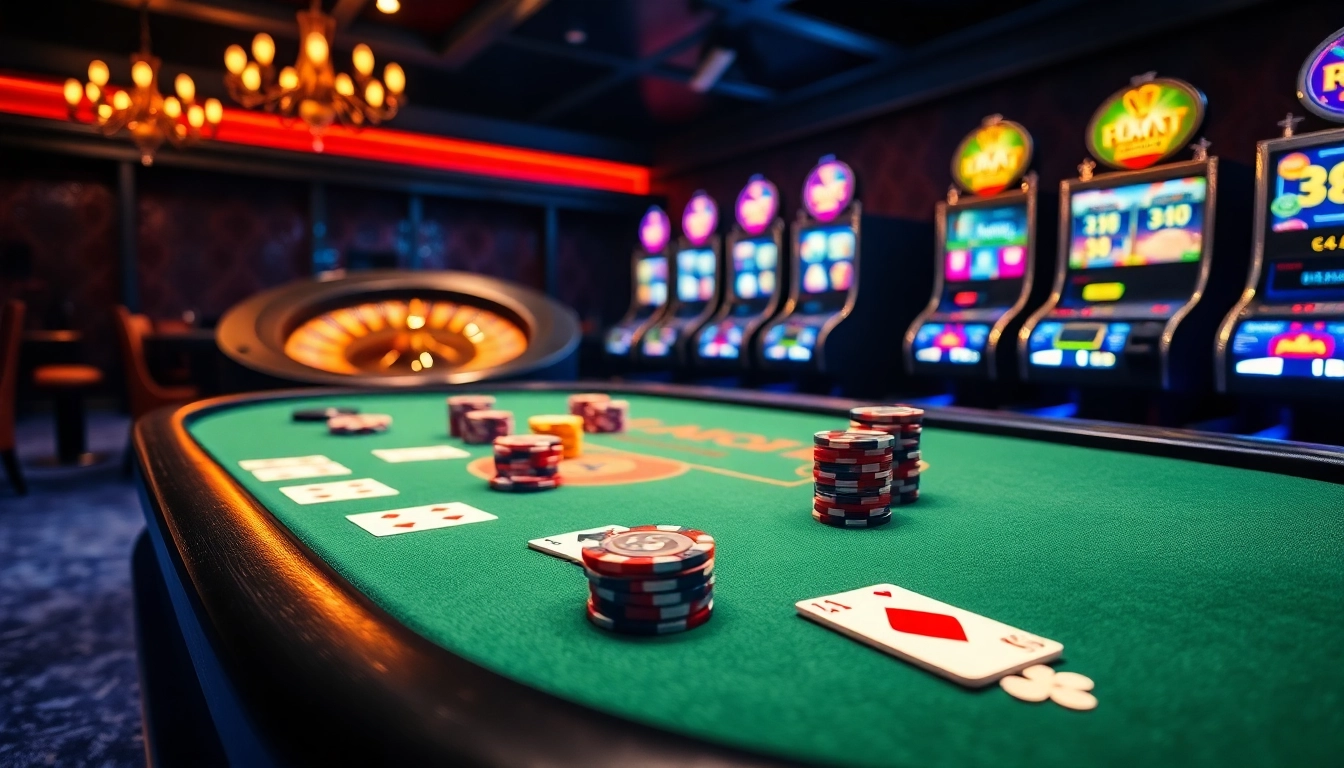 B52-themed poker table showcasing vibrant chips and cards in an upscale casino.